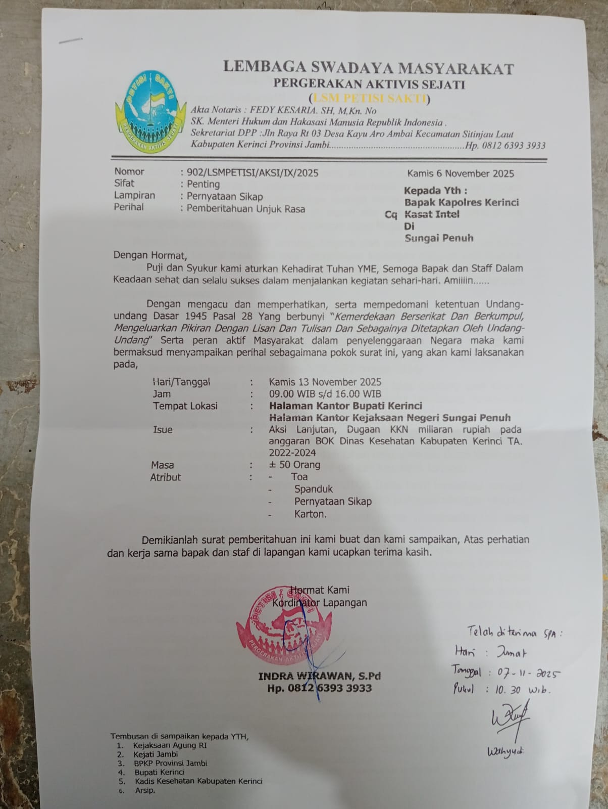 LSM Petisi Sakti Kembali Akan Gelar Aksi di Kantor Bupati Kerinci dan Kejaksaan, Soroti Dugaan Korupsi Dana BOK