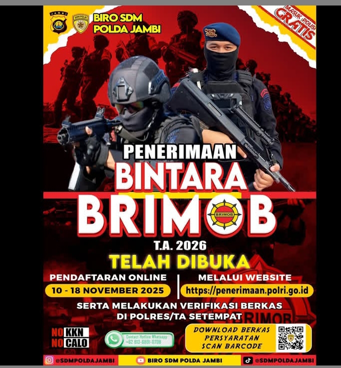 Polda Jambi Buka Pendaftaran Bintara Brimob Tahun 2026, Pendaftaran Online dan Verifikasi Dimulai 10–18 November.